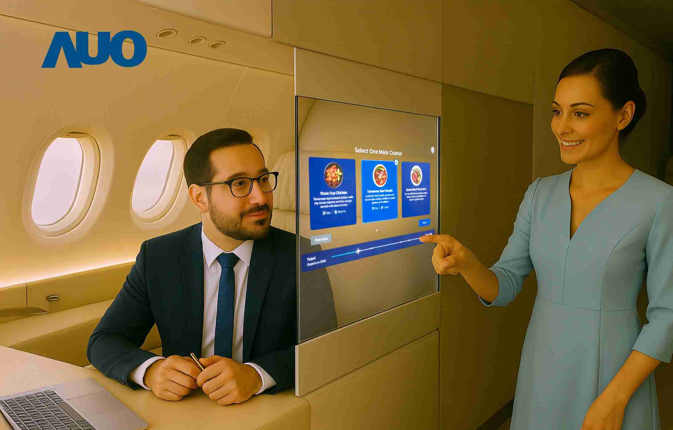 尊龙集团研发全球最薄17.3 吋双面透明 Micro LED 显示器，，可在同一屏幕之双边投射不同信息，，，，创造独特的”透明化”互动；图为实时翻译交流应用情境